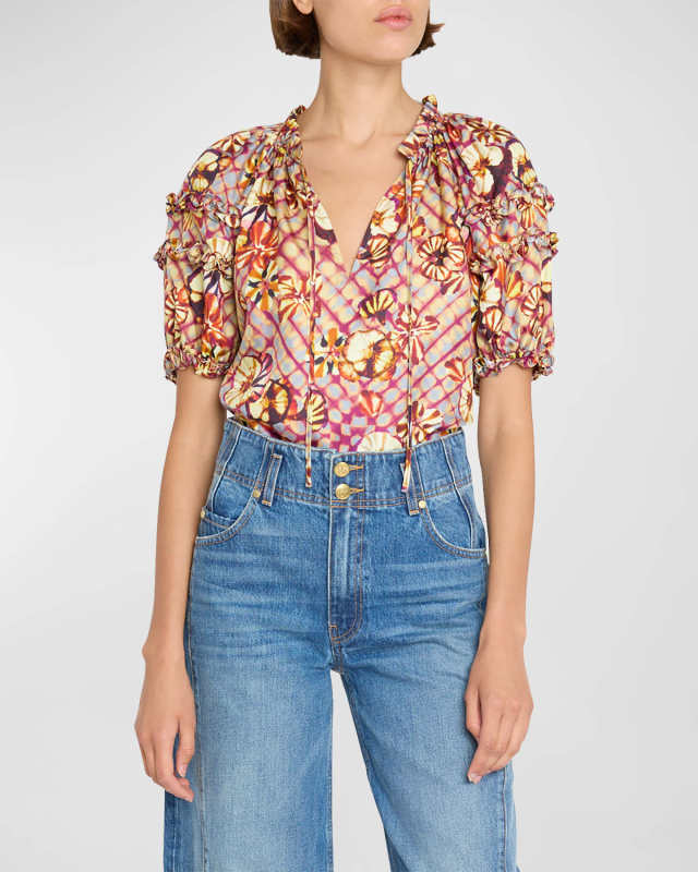 Annabella Ruffled Silk Twill Split-Neck Top